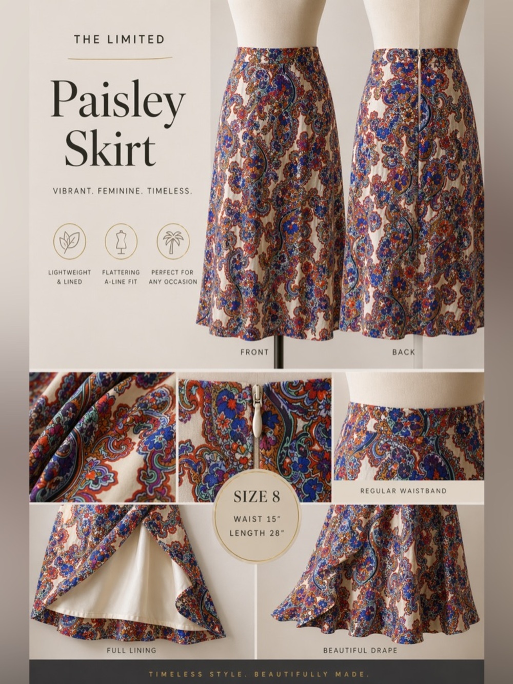 The Limited Paisley Wrap Skirt Size 8 Boho Midi Lined A-Line Floral Print